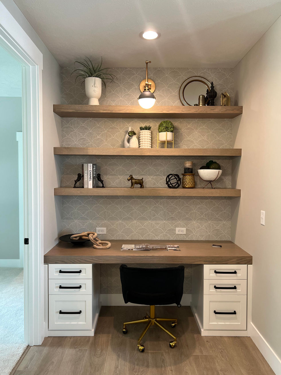 Built-in desk with floating wood shelves