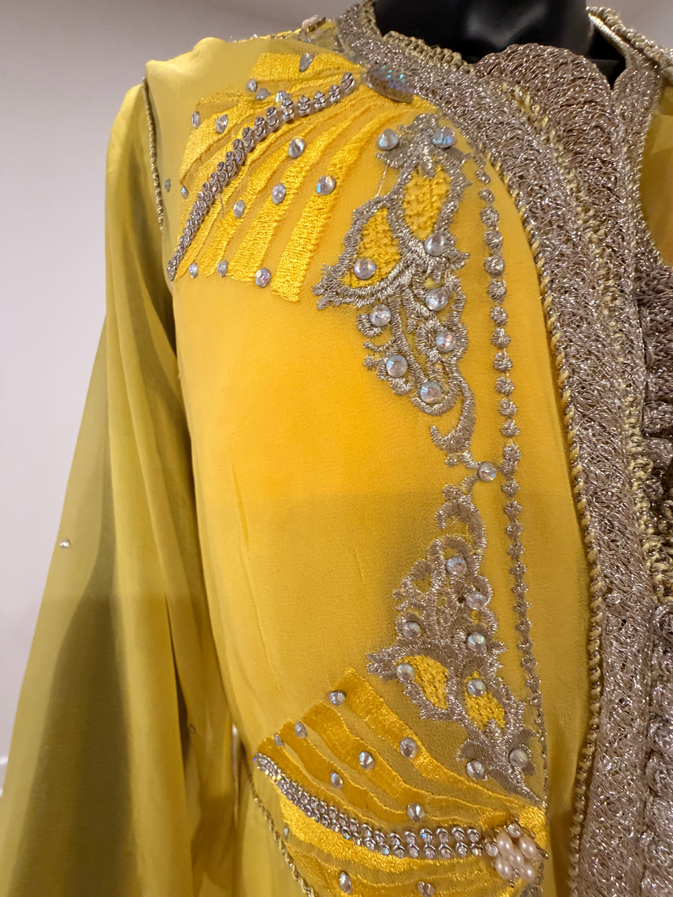Yellow silk caftan takchita with white diamond embellishment and hand stitched embroidery full length.
