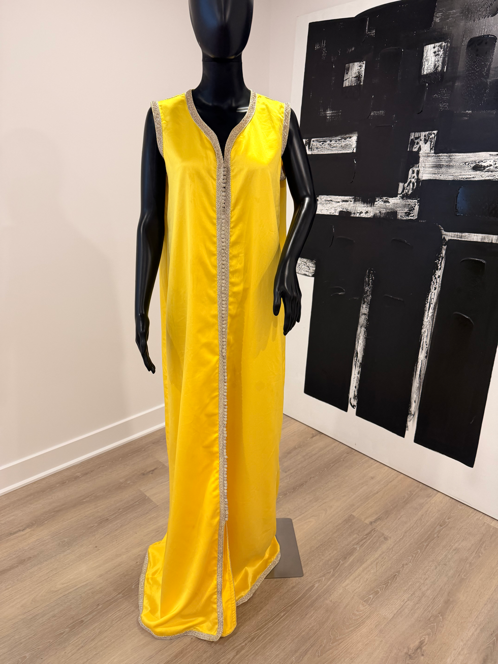 Yellow silk caftan takchita with white diamond embellishment and hand stitched embroidery full length.