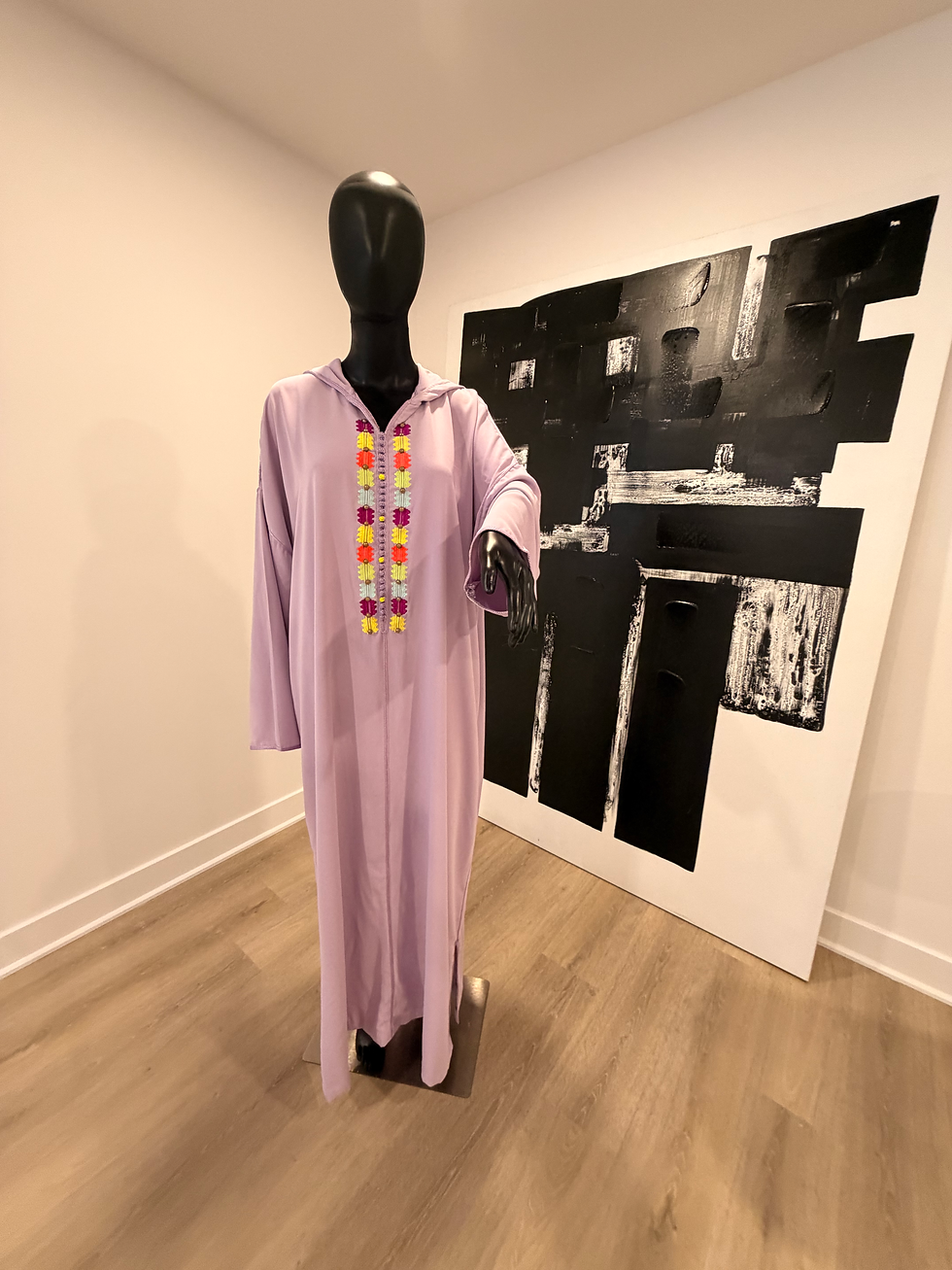 Lavender Berber embroidered hooded jellaba, full-length front view on mannequin