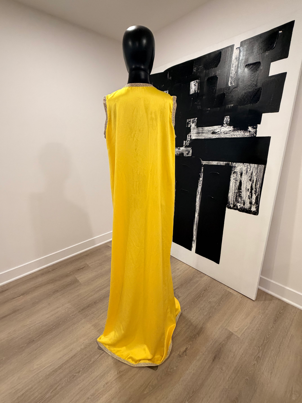 Yellow silk caftan takchita with white diamond embellishment and hand stitched embroidery full length.