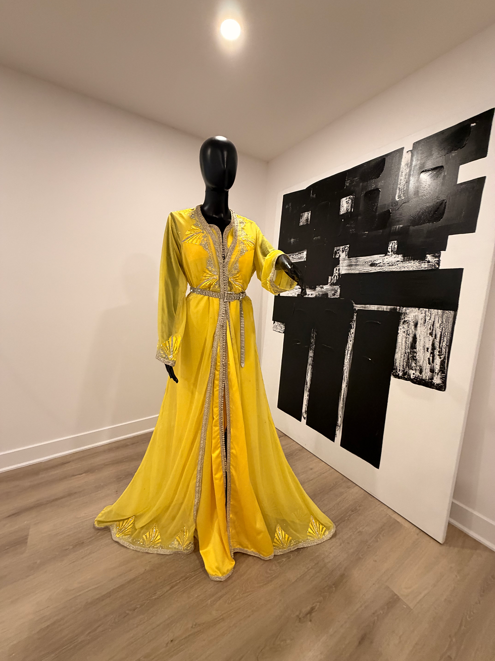 Yellow silk caftan takchita with white diamond embellishment and hand stitched embroidery full length.