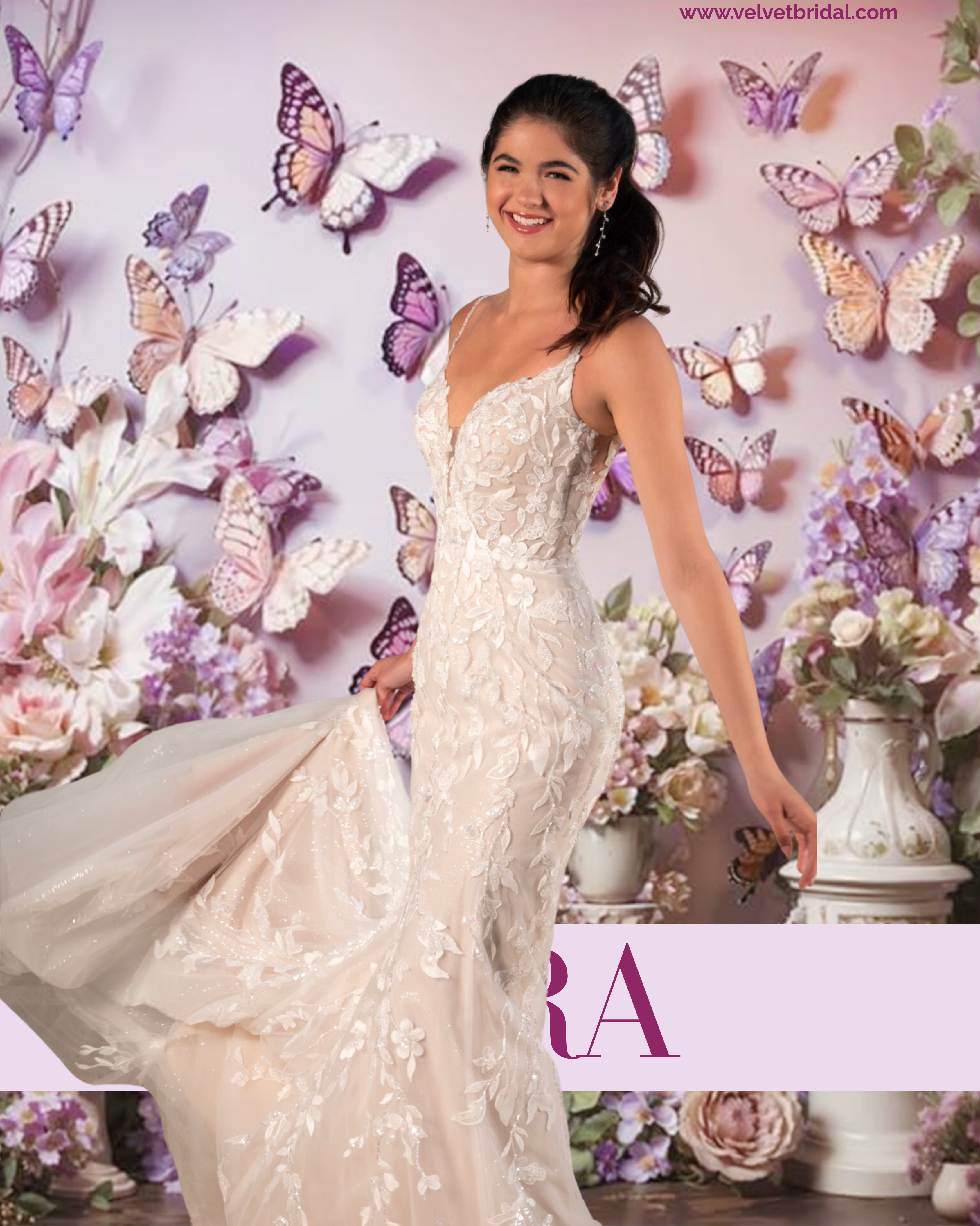 Stella York 8050 floral lace fit-and-flare wedding gown, V-neckline, fitted sheer bodice, open back detail, glitter tulle.