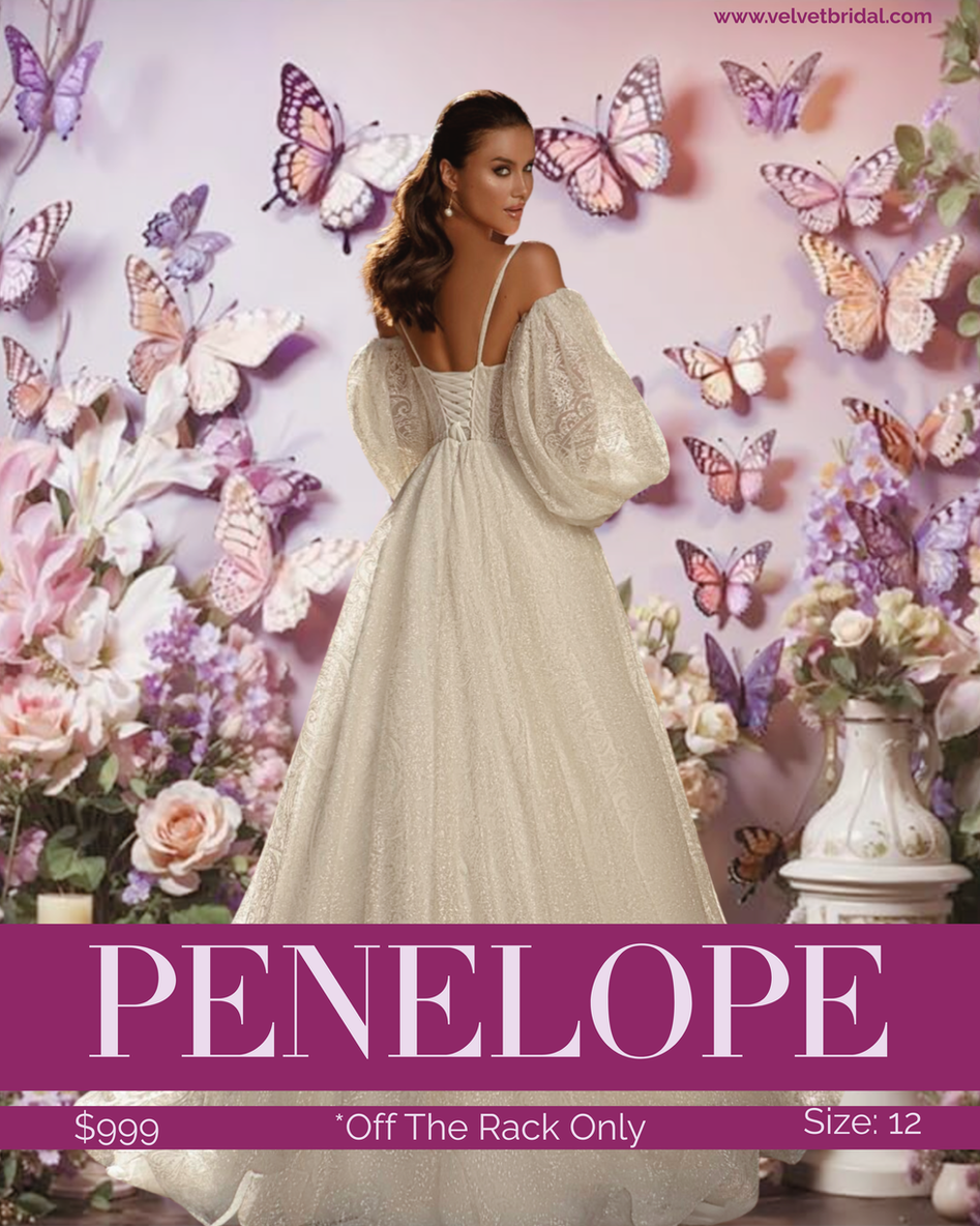 Penelope glitter wedding gown with lace-pattern sparkle, corset back, and optional sleeves