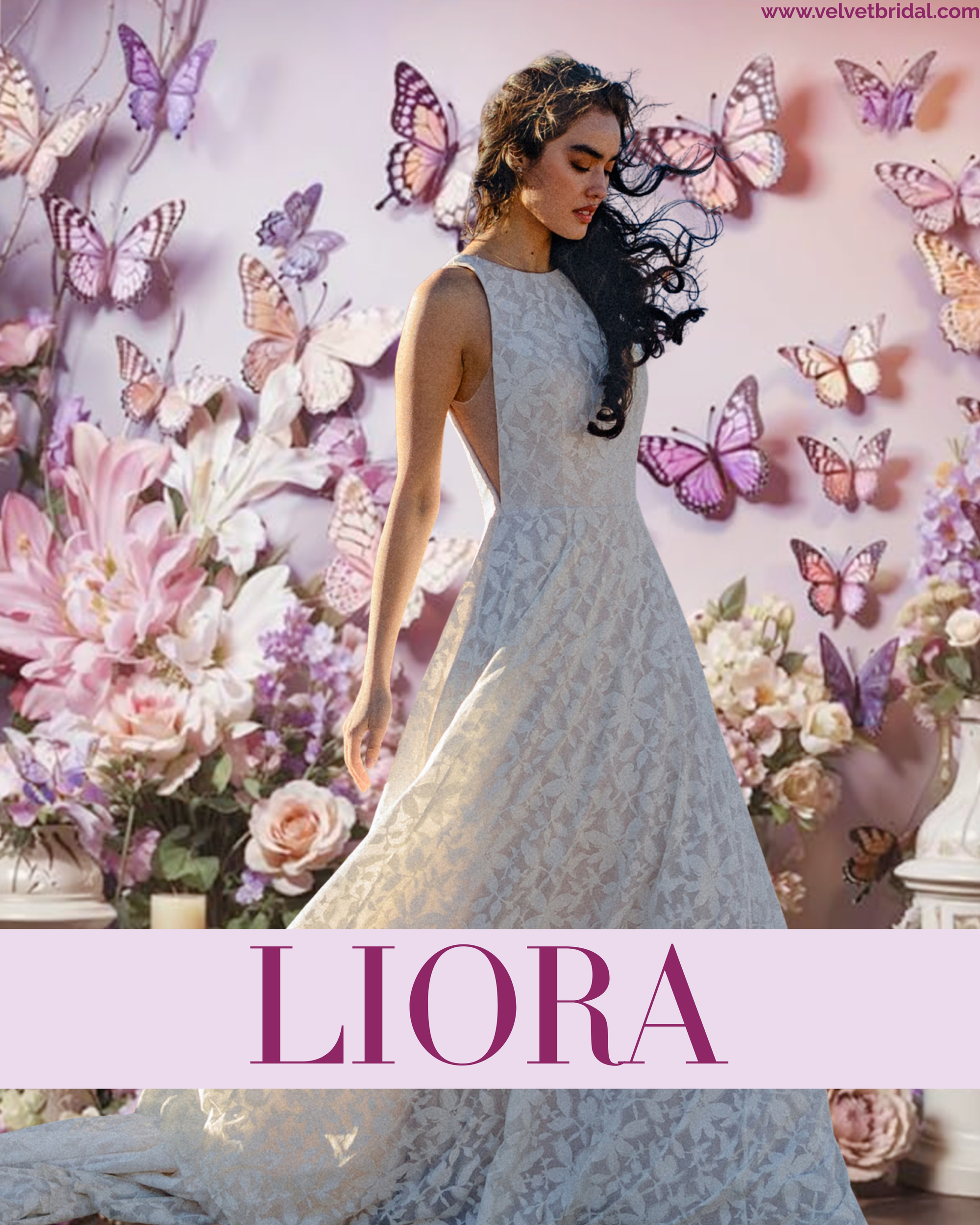 Soft floral knit A-line wedding gown with halter neckline and dramatic open keyhole back. Wilderly Bride style F386