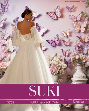 Suki A-line wedding gown with corset bodice, glitter tulle skirt, and optional puff sleeves.