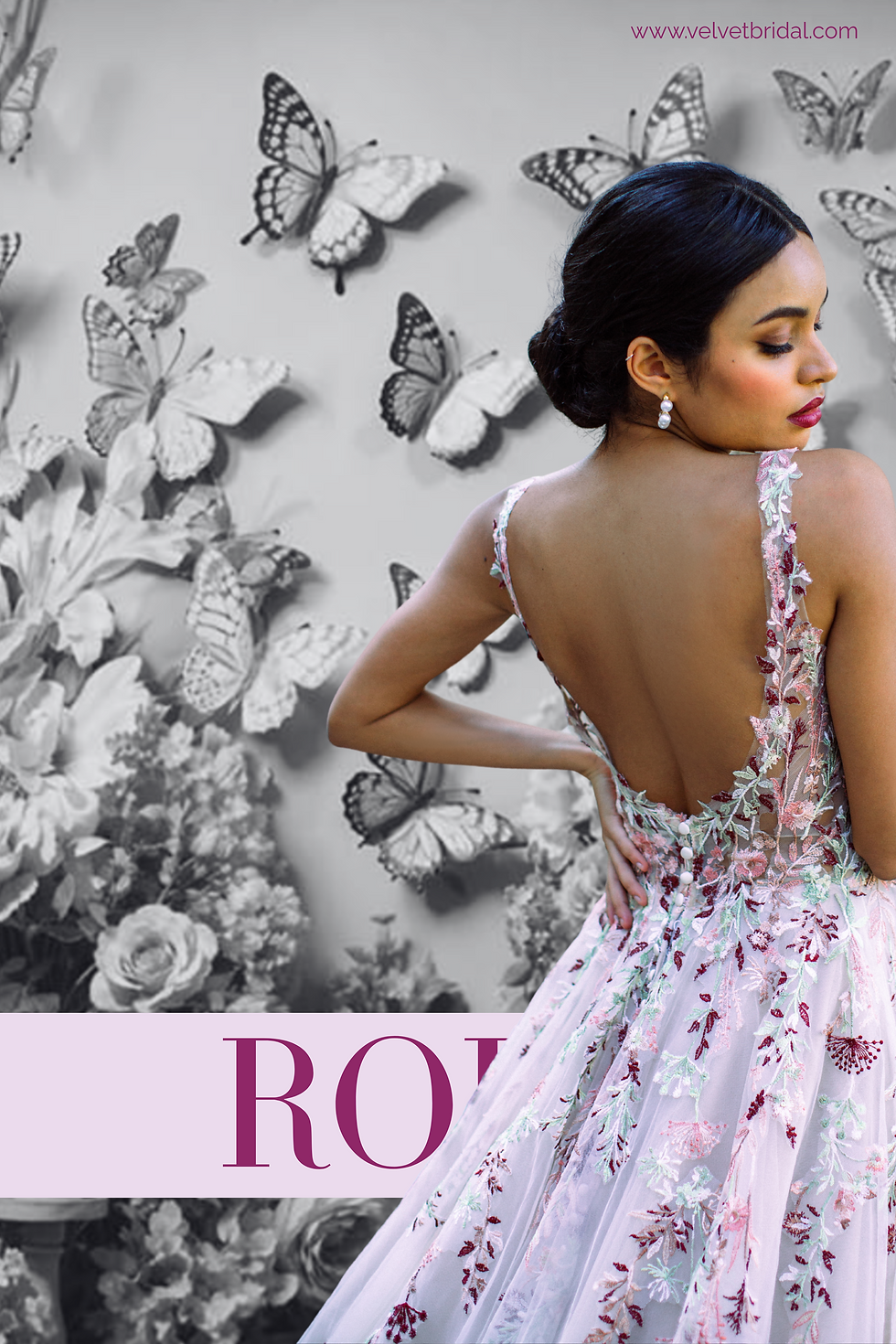 Blush tulle ballgown wedding dress with vivid floral embroidery and plunging neckline