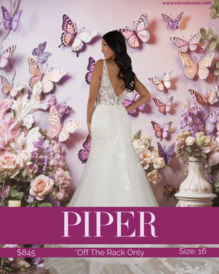 Bride wearing the Piper wedding dress at Velvet Bridal, featuring a lace bodice with a deep V neckline, delicate floral lace detailing, and a fitted silhouette with a soft, flowing skirt, photographed against a romantic floral backdrop.