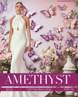 Amethyst minimalist ivory wedding dress with gathered halter neckline, fitted silhouette, open keyhole back and covered buttons.