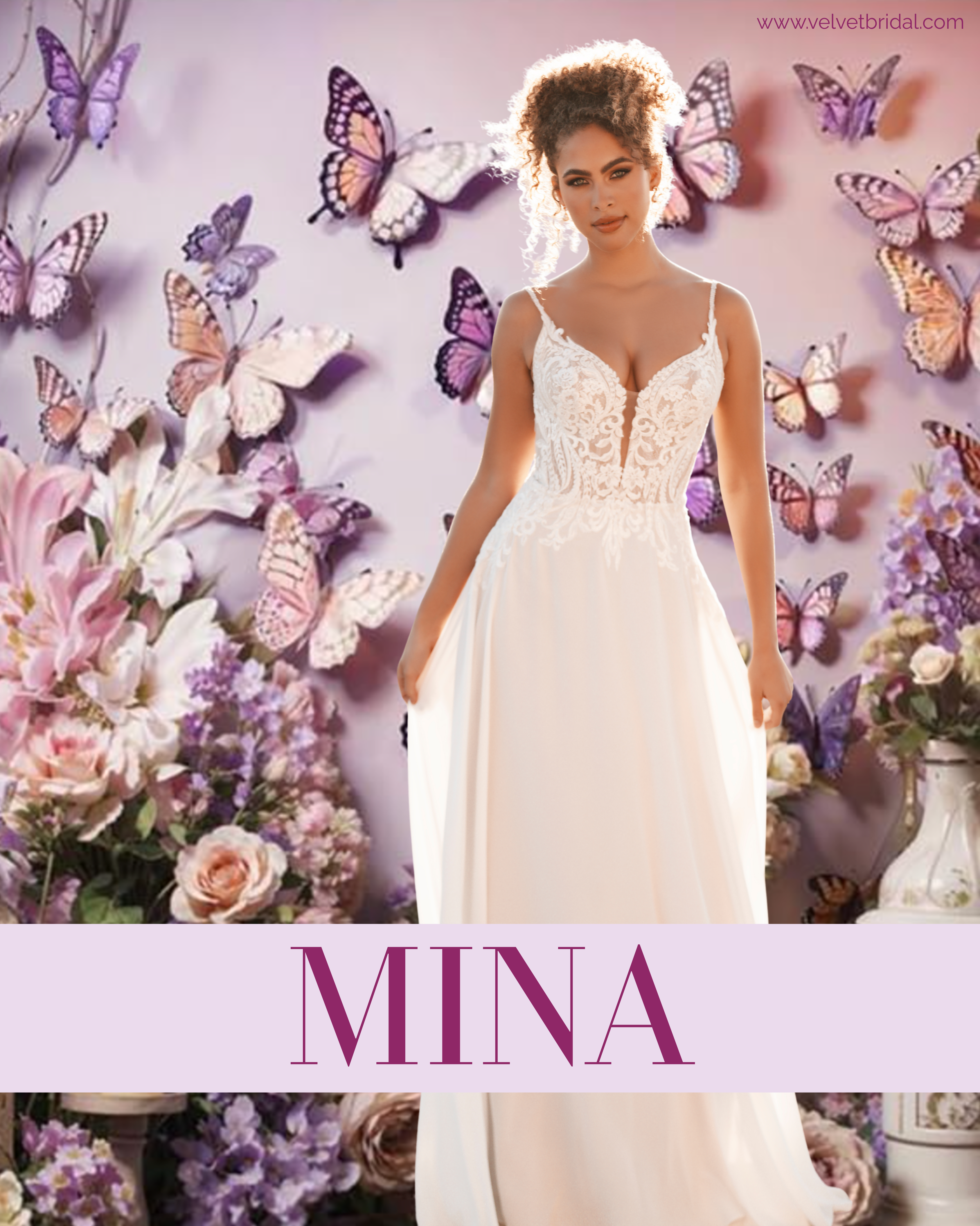 Chiffon A-line wedding dress with a lace bodice of Chantilly, applique, sequins, plunge neckline, straps, and illusion train.