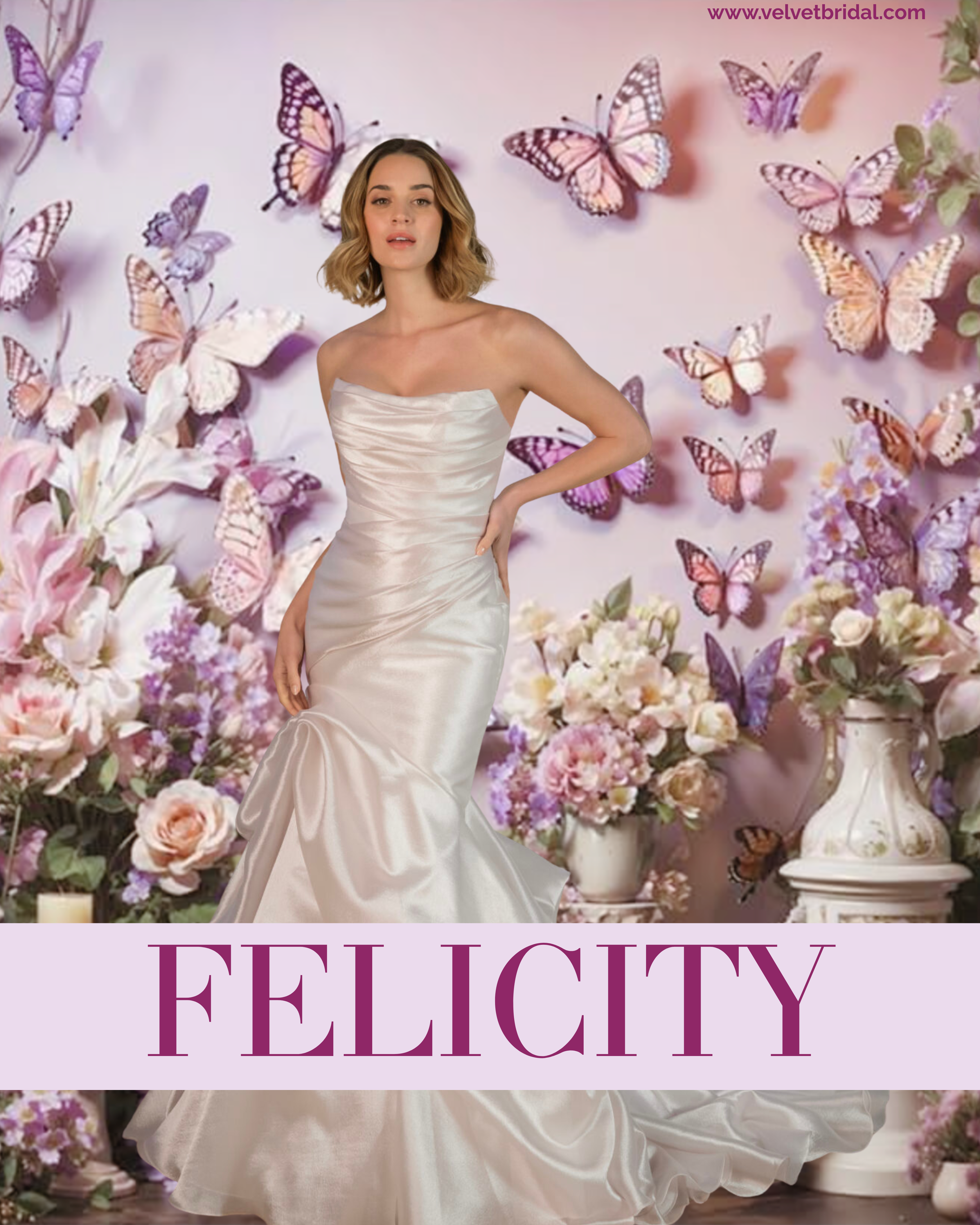 Stella York SY8123 fit-and-flare strapless wedding gown, scooped cat-eye neckline, ruching throughout, asymmetrical skirt.