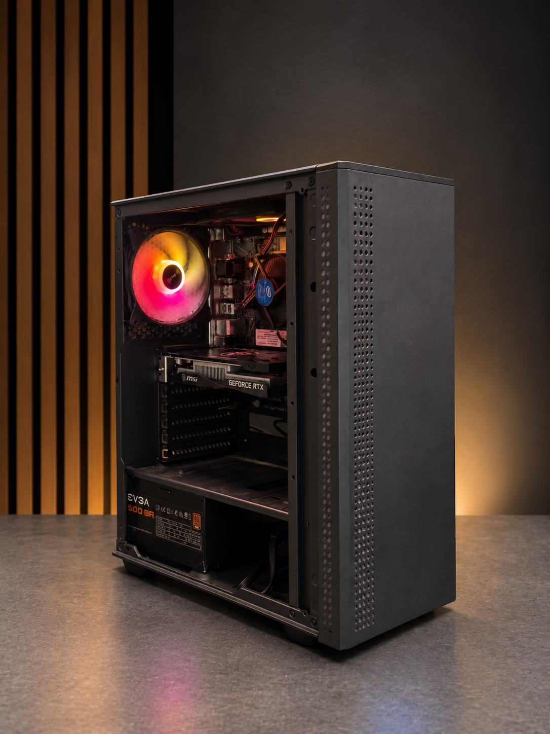 Completed gaming PC installed in a desk setup