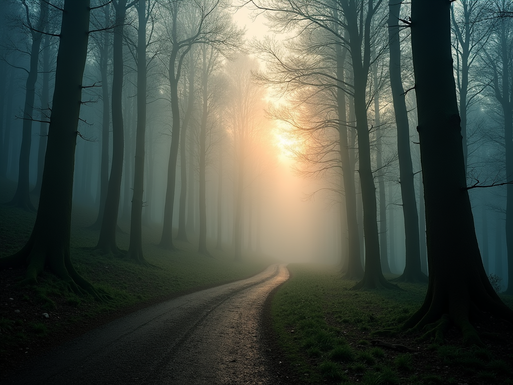 A serene and misty winding path through a deep forest at dawn.