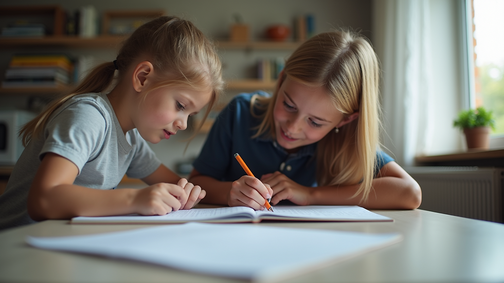 Eye-level view of a tutor helping a child with homework