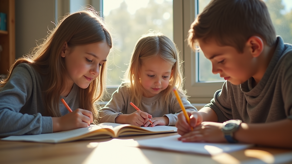 Eye-level view of a family engaging in a Christ-centered homeschooling activity