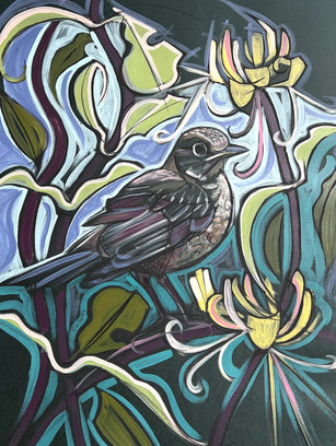 Female Blackbird with Honeysuckle