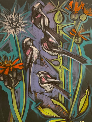 Long Tailed Tits with Wild Flowers