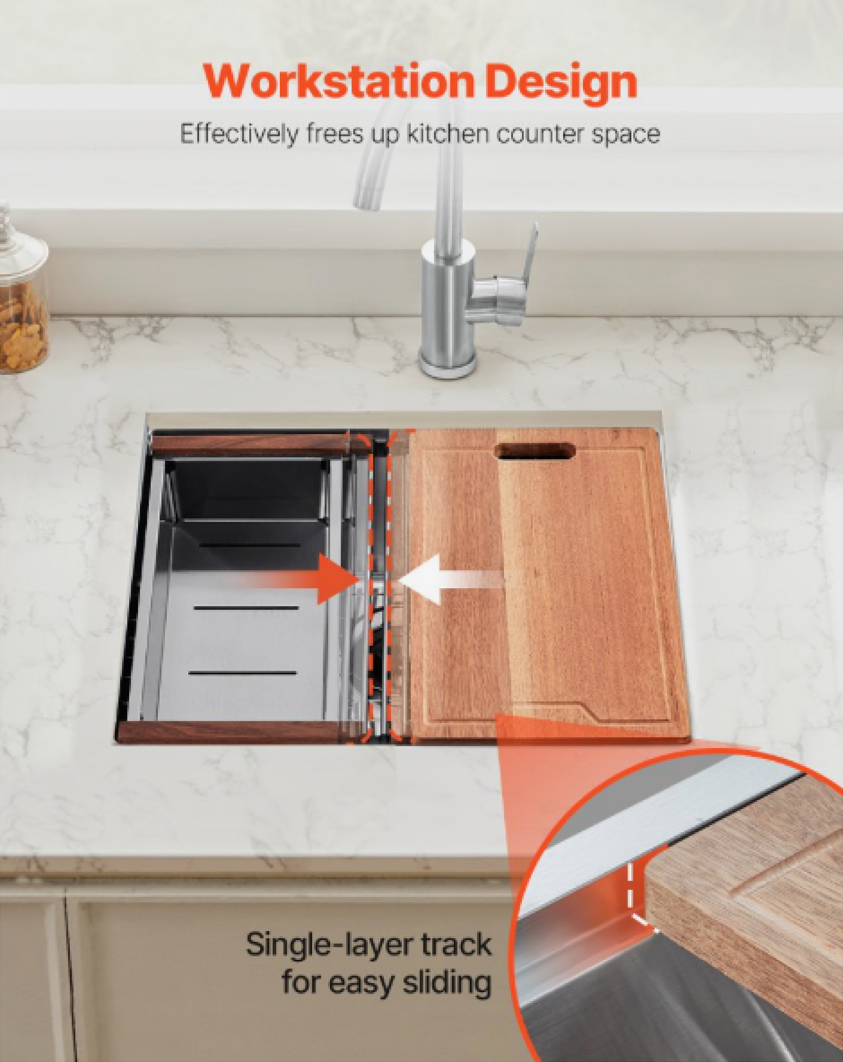 23 inch Kitchen Sink Workstation, 304 Stainless Steel Undermount Sink, Drop-In S