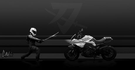 Samurai Rider vs Suzuki Katana, greyscale motorcycle and rider.