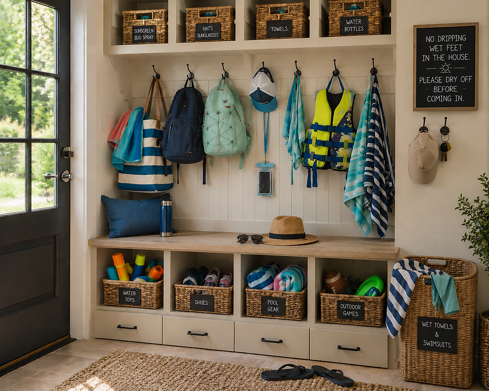 Bright organized mudroom with woven baskets, hooks for towels and bags, storage for pool and outdoor gear, shoe cubbies, and a chalkboard reminder asking everyone to dry off before coming inside.