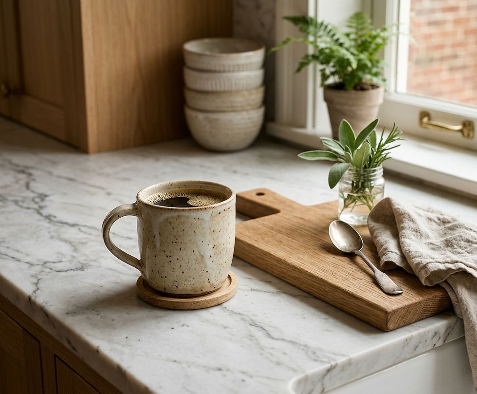 A tactile close-up of a honed marble countertop, white oak cabinetry detail, and a handcrafted ceramic mug bathed in soft morning light.