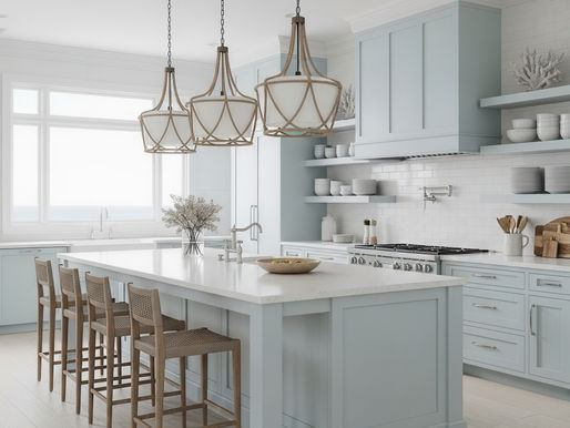 A sunlit coastal kitchen with soft light-blue cabinetry and a textured white tile backsplash, illustrating the "Modern Heritage" shift away from stark grays toward inviting, earthy, and water-inspired warmth. Woven rattan bar stools align at a central quartz island under large rope-wrapped pendant lights, featuring open shelving that displays lived-in ceramic and coral decor to create a comforting, spa-like retreat for summer living.