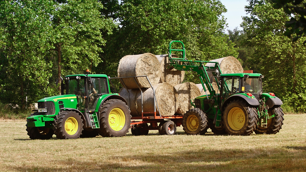 Two green tractors haul stacked hay bales on a trailer in a sunny field bordered by trees.