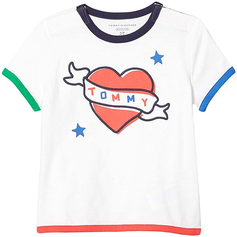 T-Shirt with red heart in center that says "Tommy" and it has two blue stars