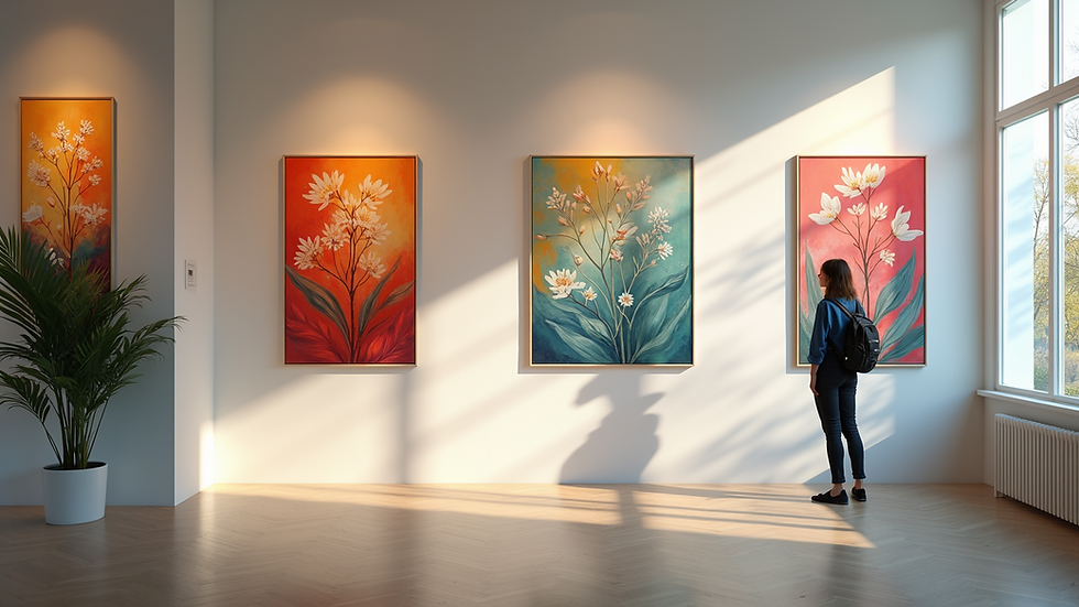 Eye-level view of a vibrant art gallery wall with colourful nature-inspired paintings