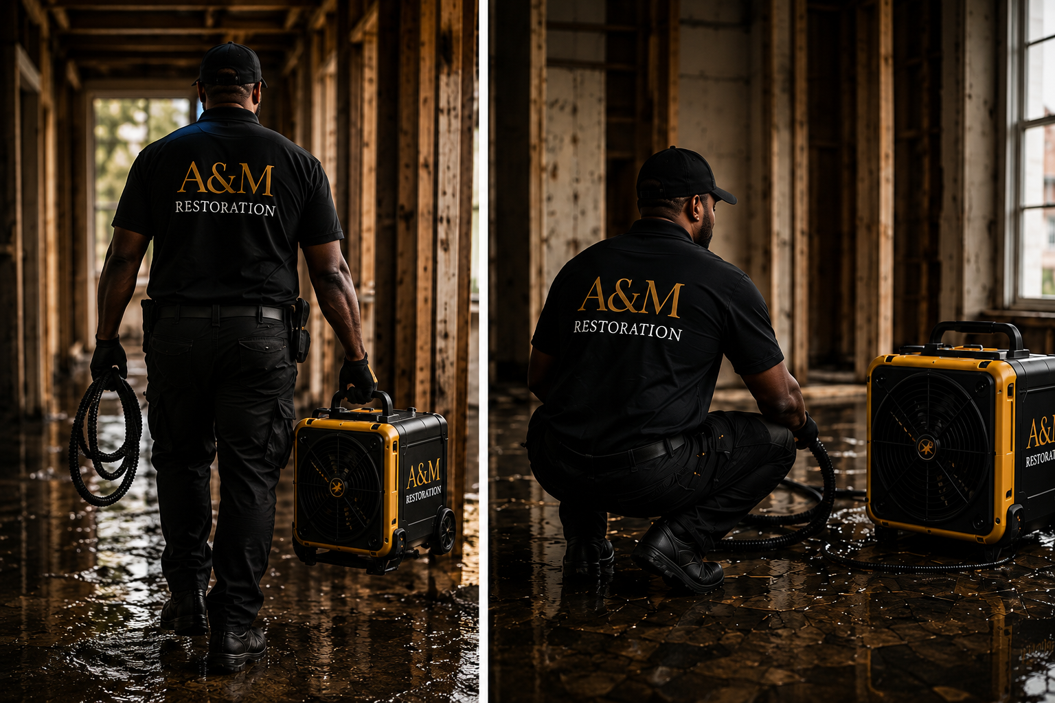 A&M Restoration technician walking through flooded structure