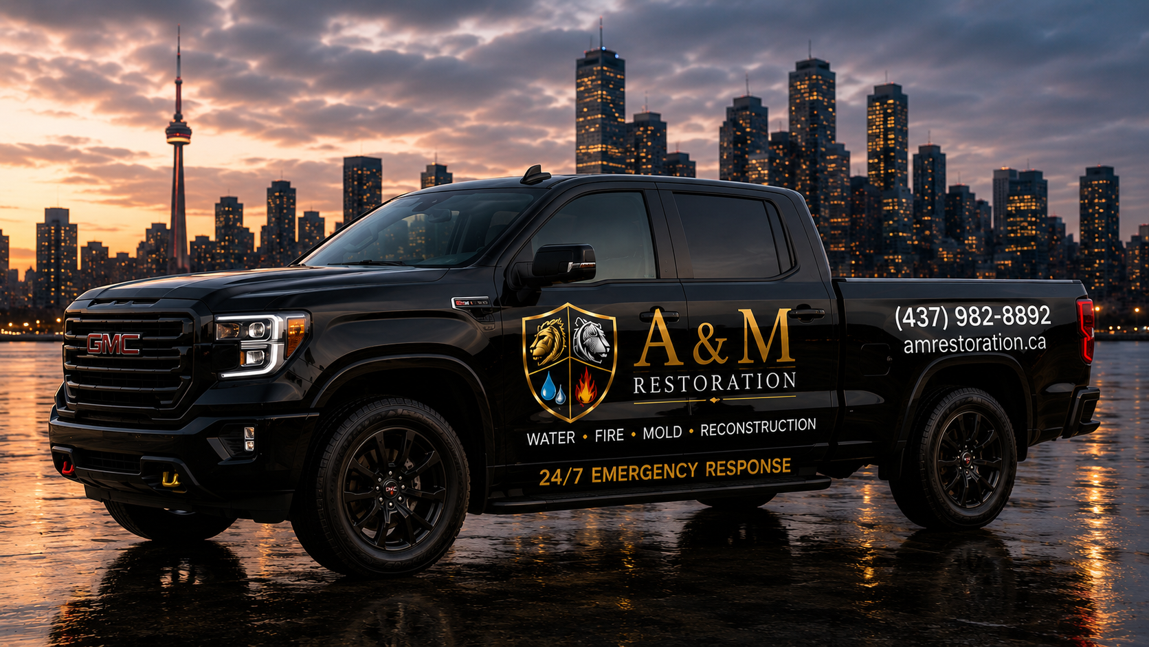 A&M Restoration branded black GMC truck with Toronto skyline