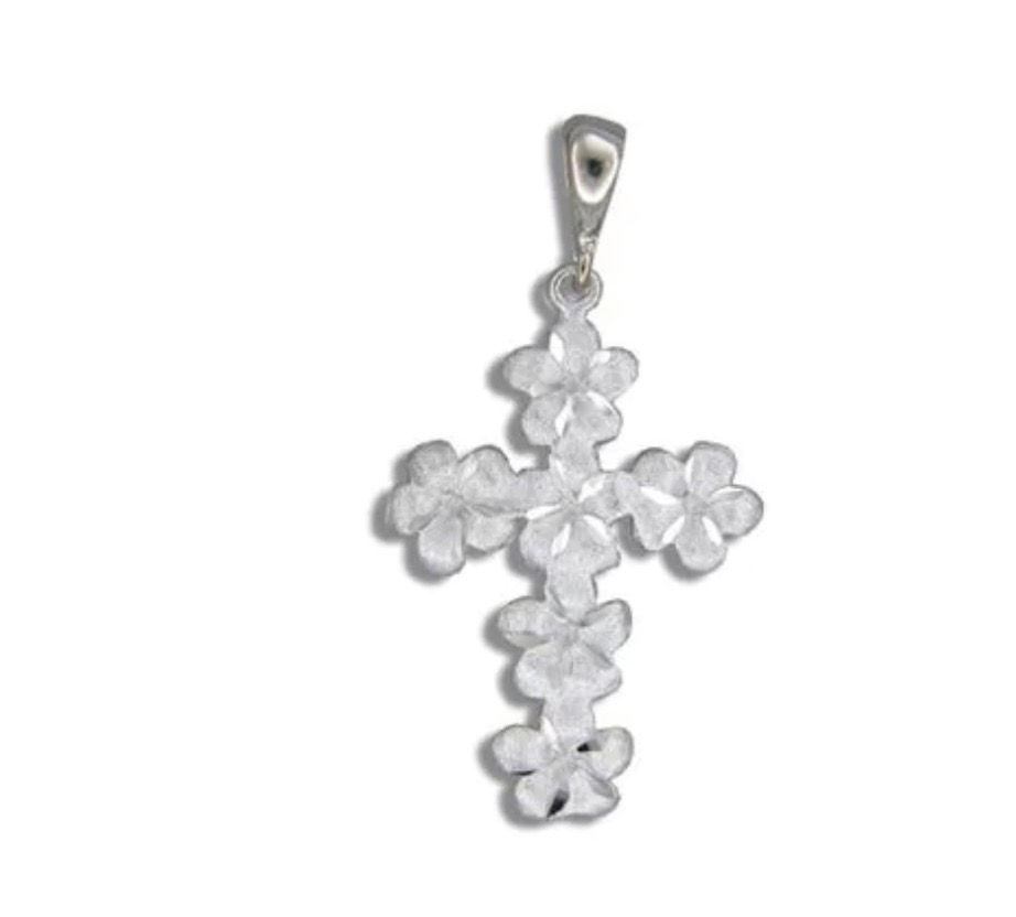 14kt White Gold Hawaiian 6mm Plumeria Leis Cross Pendant