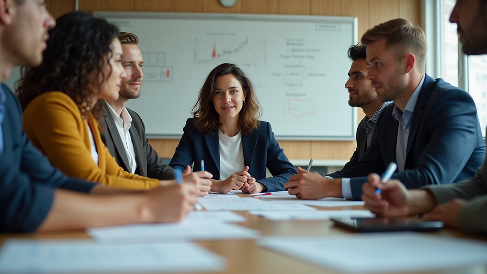 Eye-level view of a diverse team engaged in a brainstorming session