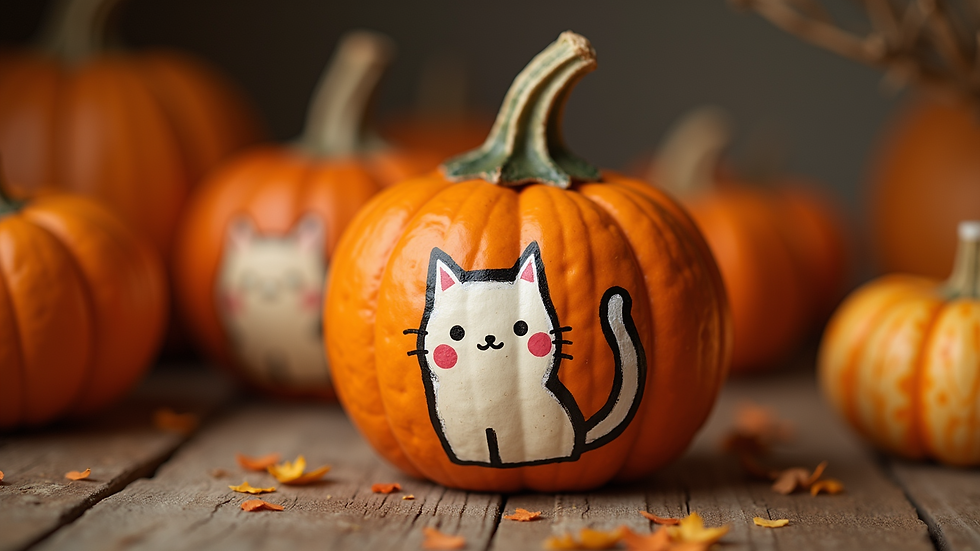 Eye-level view of a gourd painted with a cute cat design