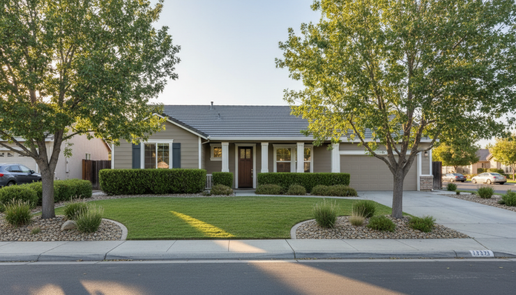 Wide-angle view of a well-kept single-family rental home in Elk Grove.