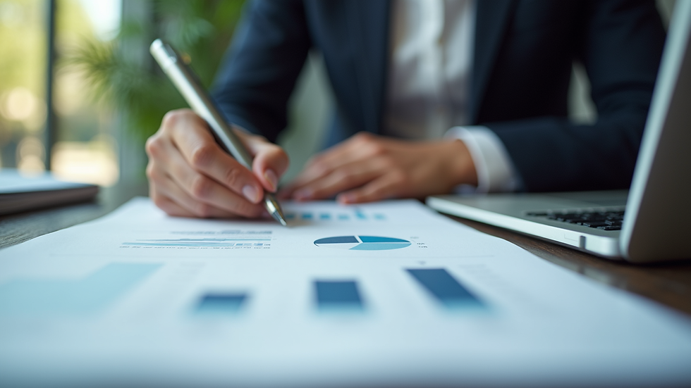 Close-up view of a property manager reviewing documents at a desk