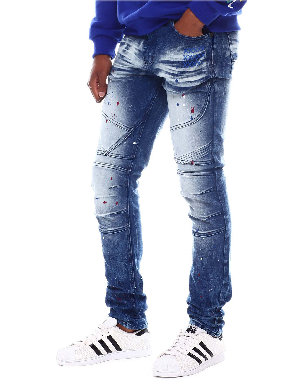 Thumbnail: Artistic Urban Nerd Blue/Red Paint Indigo Wash Jeans