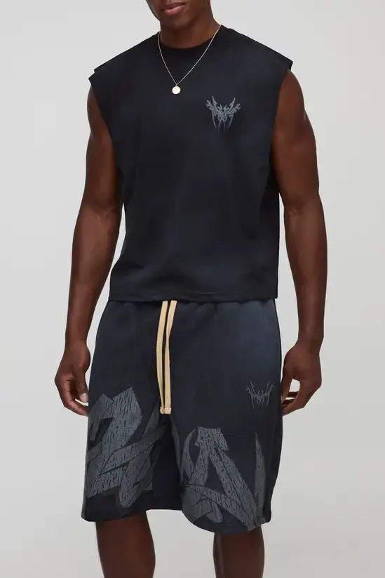 Shrunken Boxy Washed Graffiti Tank & Relaxed Shorts Set