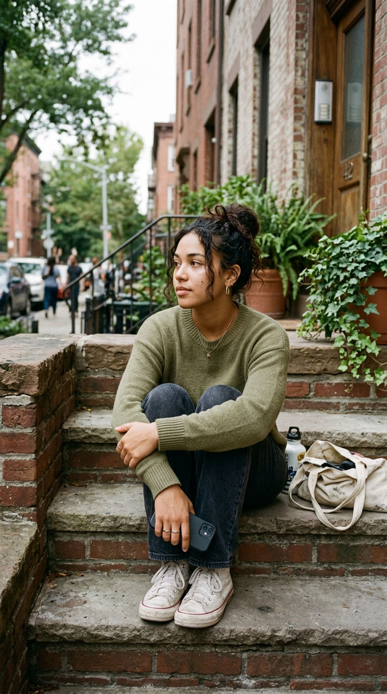 Young mixed woman sitting outside on steps, looking off to the side in quiet reflection after understanding the real meaning of angel numbers.