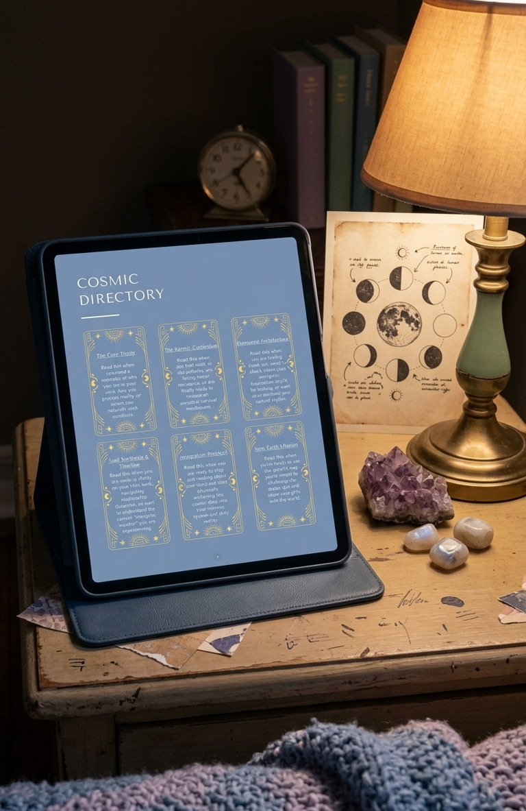 iPad glowing with the Astral Root Blueprint cover on a nightstand at night, next to a moon phase print and a crystal, part of the Vedic birth chart blog post."