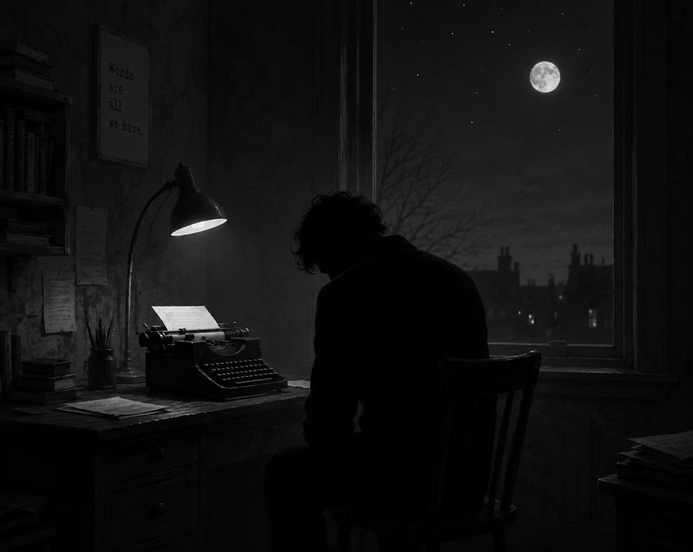 Silhouette of a person at a typewriter, lit by a lamp. A full moon and stars shine through the window. Text on wall reads "Words are all we have."