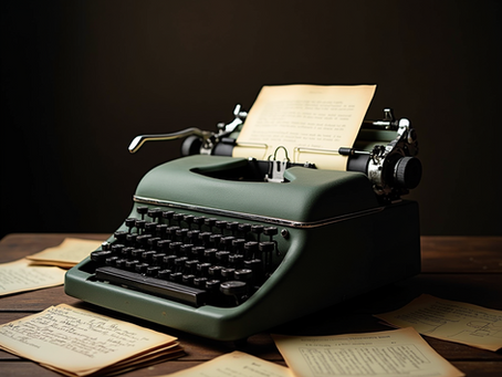 Vintage green typewriter on a wooden desk with scattered papers, lit against a dark background, evoking a nostalgic mood