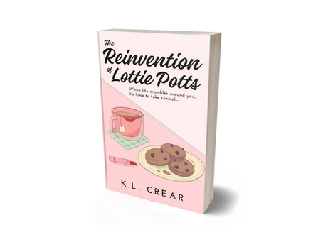 A charming book cover for "The Reinvention of Lottie Potts" by K.L. Crear, featuring cozy illustrations of a steaming mug, cookies, and lipstick, symbolizing comfort and transformation.