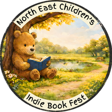 A teddy bear reads a blue book under a tree by a pond. Sunny park scene with "North East Children's Indie Book Fest" text around.