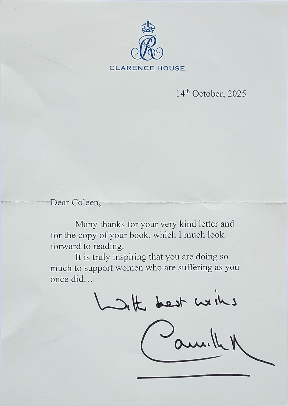 Letter on Clarence House stationery, dated 14th October 2025, expresses gratitude for a book and support work. Signed "With best wishes, Camilla".