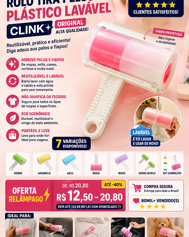 OFERTA Rolo Tira Pelos Plástico  Lavável Original Alta Qualidade CLINK.png