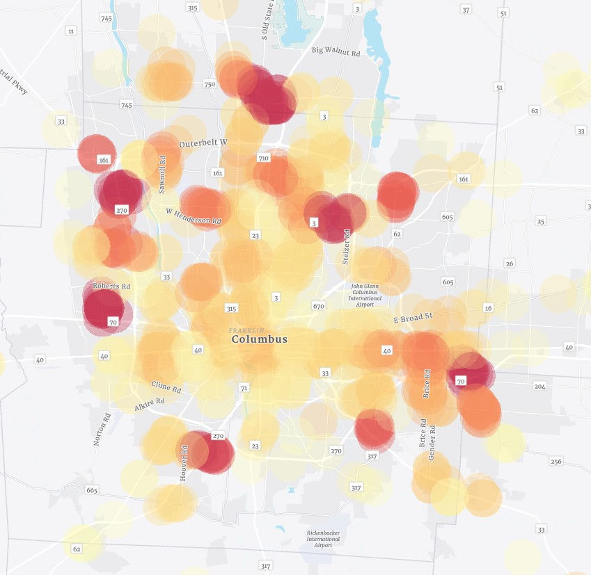 Heat map showing average vacancy rate by submarket and quarter in Columbus, Ohio