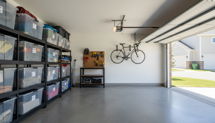 Eye-level view of a cleared garage with labeled bins and open walking space