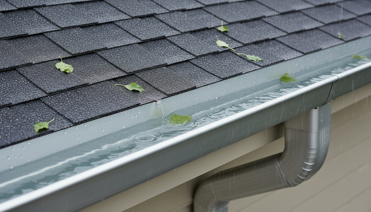 Close-up view of rainwater flowing through a clean gutter into a downspout