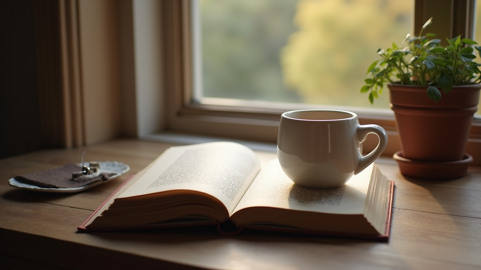 Eye-level view of a cozy reading nook with a book and a cup of tea